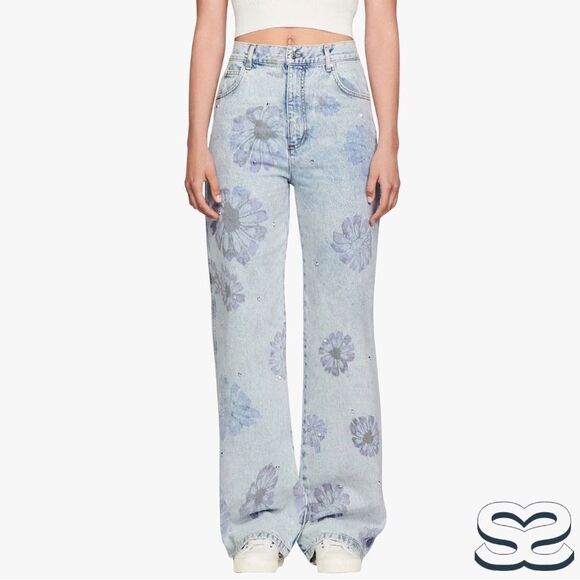 Sandro **NWT** Blossom Floral Print Rhinestone Straight Jeans in Blue Je… - Picture 1 of 15